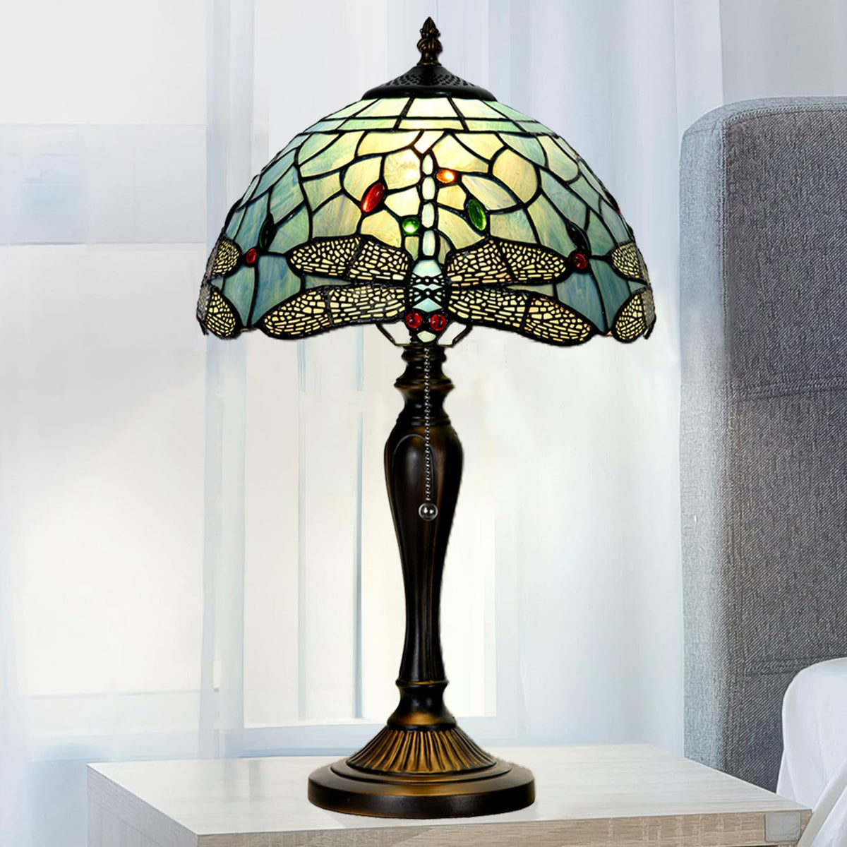 TL0023 Tiffany Style Dragonfly Table Lamp Stained Glass Blue Shade Reading Desk Light 12 X 20 Inches for Bedroom Living Room Home Office (Blue Dragonfly)