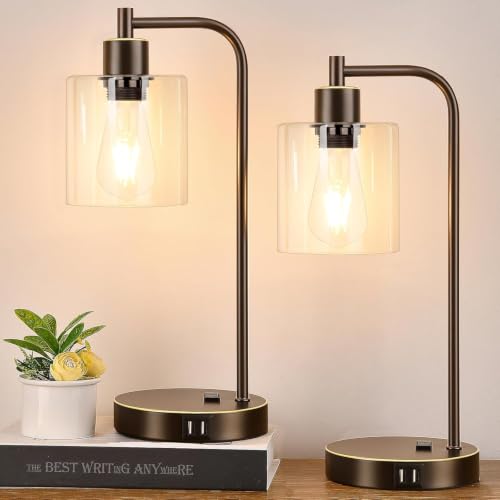 Set of 2 Industrial Touch Control Table Lamps with 2 USB Ports and AC Outlet