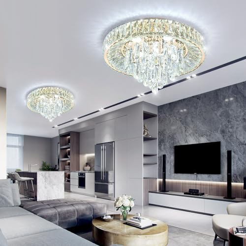 Modern Crystal Chandeliers for Dining Room LED Light Fixture Close to Ceiling Chandelier Flush Mount Ceiling Light Dimmable Lamp with Remote for Living Room Bedroom Hallway (Gold / 19.7" Width)