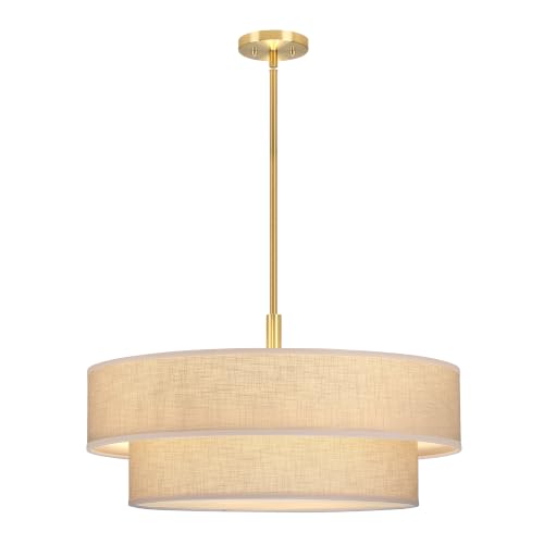 6 Light 26" Cream Fabric Shade Hanging Gold Farmhouse Pendant Light (Gold Pendant Light / 26")