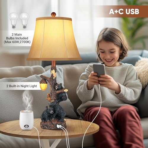 Set of 2 Bear Bedside Table Lamps for Bedroom with Nightlight & USB A+C (Rustic)