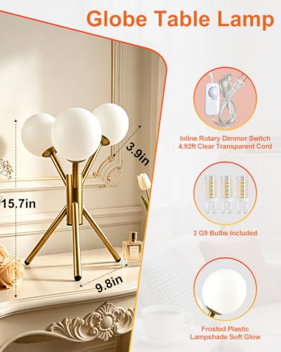Tripod Globe Table Lamp for Bedroom Dimmable G9 Bulbs Included (07-Gold-Globe-Tripod Sputnik)