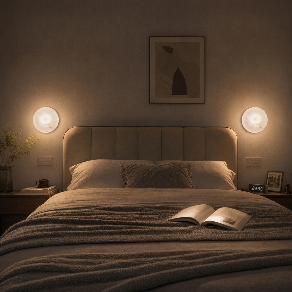 7.87 Inches 1PCS Round Alabaster Wall Sconce Marble Light Hardwired Wall Sconce for Bedroom Marble Stone Light Decor for Wall Lamp Natural Stone Material Wall Lamp for Stairs (7.87Inhces-1PCS)