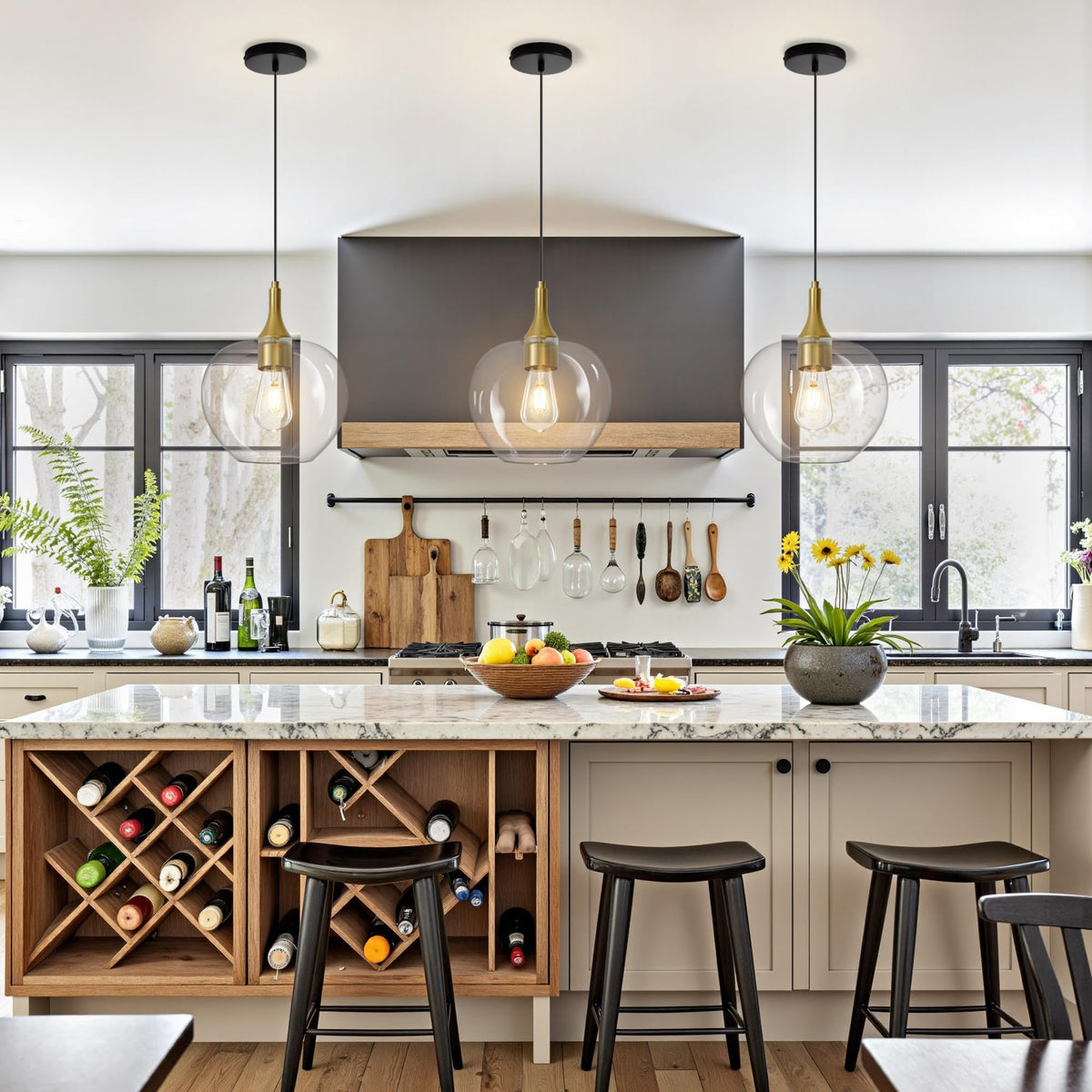 9.45in Black Gold Pendant Lights Kitchen Island with Clear Glass Shade 1PC (Black Gold-Clear Glass)