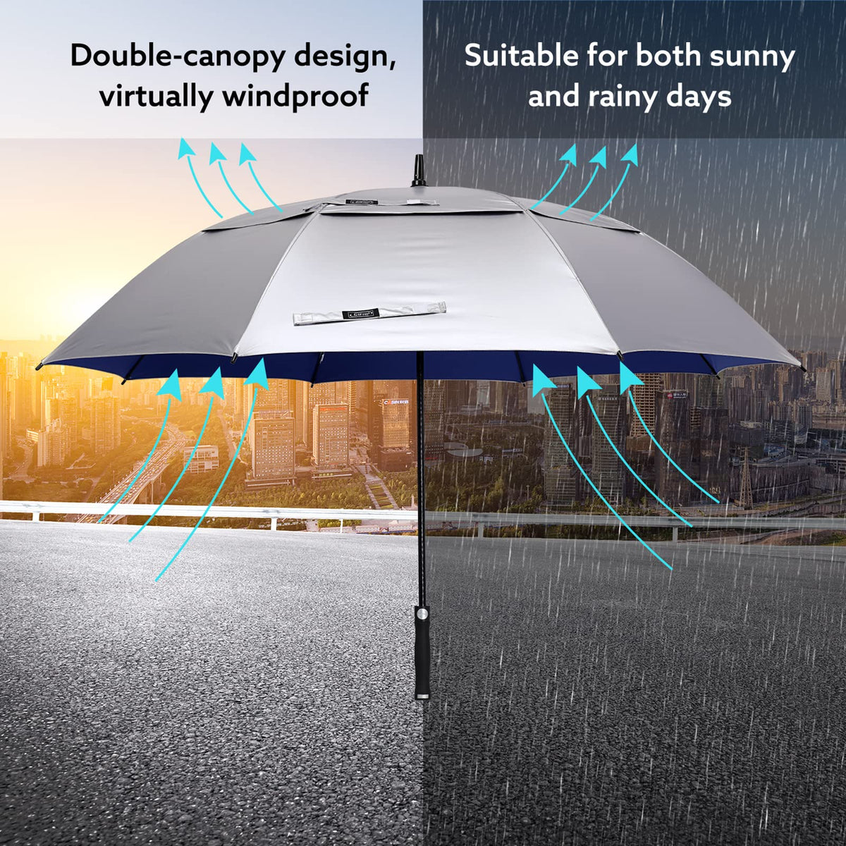 UV Golf Beach Umbrella 68”Auto Open Extra Large Sun Shade Umbrellas (Silver/Blue)
