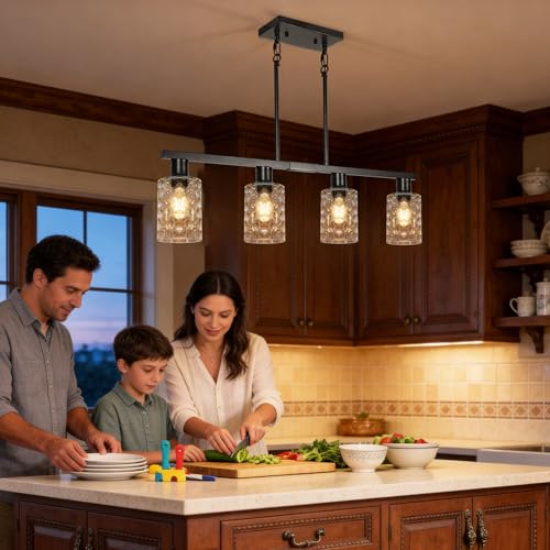 4 Light Kitchen Island Lighting Black Dining Room Light Fixture with Hammered Glass Shade 31" Modern Linear Chandelier Adjustable Hanging Pendant Lighting Over Island Dining Table Living Room (Black+hammered glass / 31in)