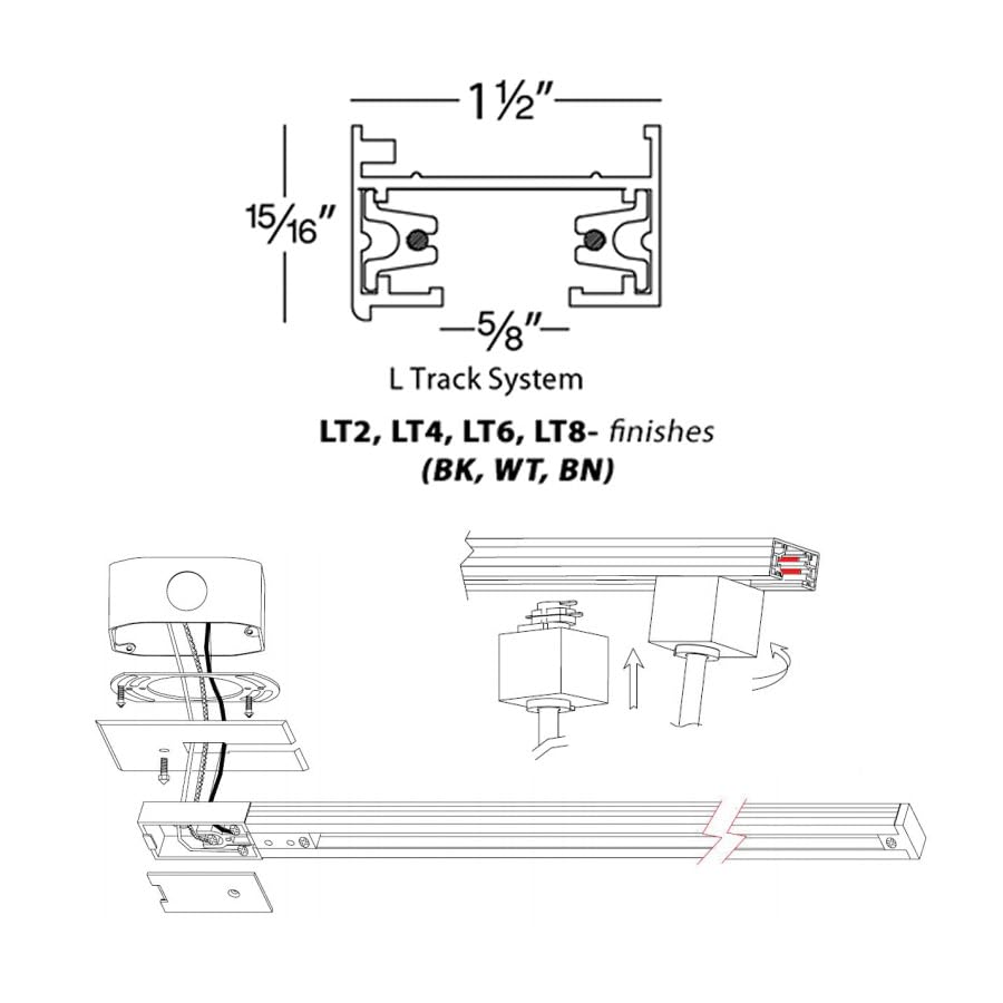 LT2 BK 120V 2 Foot L Track with Mounting Hardware and Two End Caps (Black / 2 Feet / L-Series)