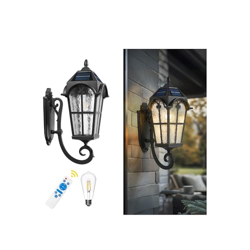 Exterior LED Solar Wall Sconce with Remote Control (Black - Water Grain Glass / 24 Inch - Solar Powered)