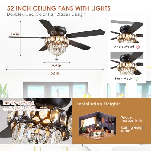 52" Low Profile Crystal Ceiling Fans with LED Lights and Remote (Black-52IN-8337)