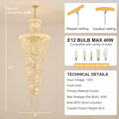 28 Light Large Long Spiral Crystal Chandelier for High Ceiling Foyer Entryway Living Room Staircase Gold Finish 78'' H X 28'' W X 28'' D (Gold / 78'' H X 28'' W X 28'' D)