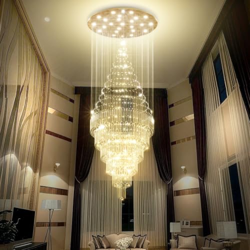 D48''X H120''High Ceiling Chandelier Crystal Raindrop Chandeliers Large Villa Gold Chandelier Entrance Foyer Hight Ceiling Lighting LED Dimmable 2700K (Gold / D48"X H120")
