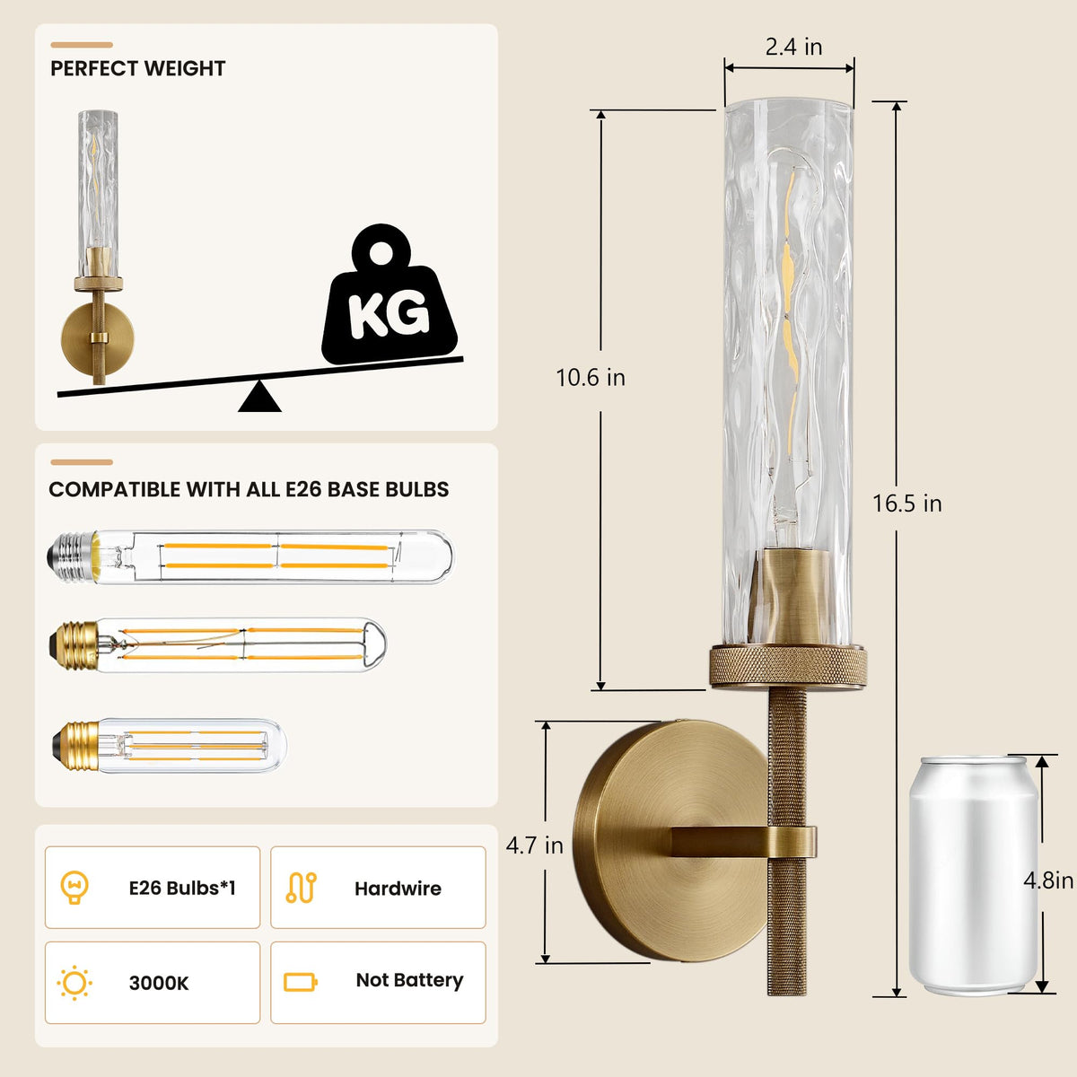 Bathroom Sconces Set of 2 Hardwired Sconces with Water Ripple Glass (Brass / 16.5in-2PK)
