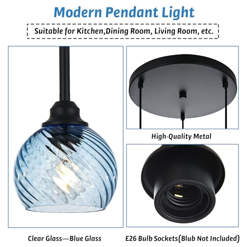 3 Light Pendant Lighting with Striped Swirl Globe Glass Blue Cluster Pendant Light for Kitchen Island (Blue / 3-Light-Round Cluster)