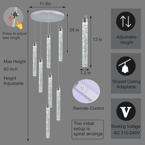 7 Lights High Ceiling Crystal Staircase Chandelier Chrome Pendant Lights Modern Spiral Raindrop Dimmable LED Bubble Cluster Ceiling Hanging Lighting Fixture for Foyer Living Room Remote Control (Chrome / 7 lights)