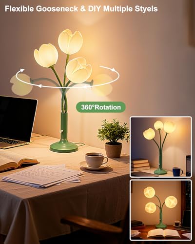 Flower Green Table Lamp Dimmable 3 Bulbs Included Gift for Nursery (12-Green-Flower-3U)