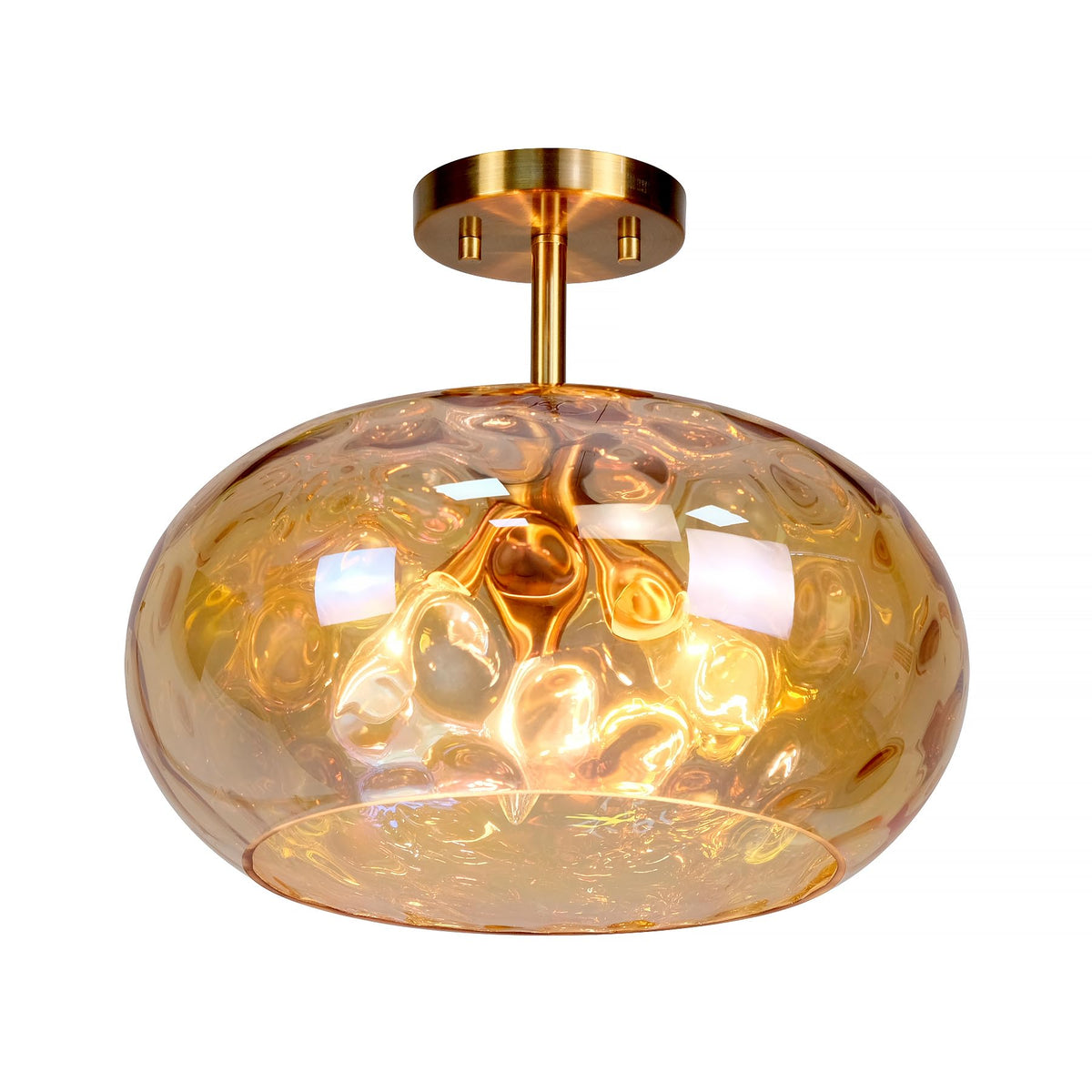 Brass Gold Semi Flush Mount Ceiling Fixture Large Hammered Glass Shade Modern Close to Ceiling Light 14" Art Lampshade for Hallway Foyer Bedroom (14 Inches / Amber Glass Shade)