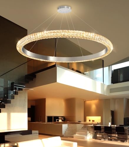 40" 1 Ring Crystal Chandelier Modern LED Dimmable Ring Pendant Light Chandelier for Dining Room Living Room Silver (Silver / 1 Ring Round 40")