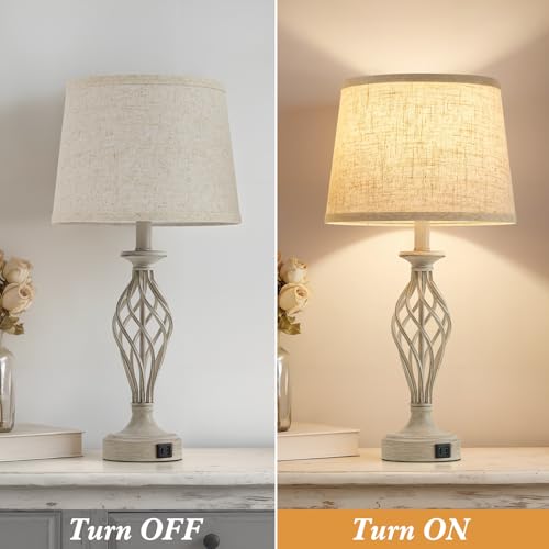 Table Lamp for Bedroom Set of 2 with USB C+A Ports (Light Grey Base + Beige Shade)