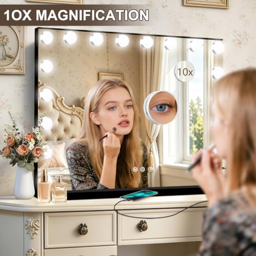 Black Hollywood Vanity Mirror with Lights (Black / 32"L x 24"W)