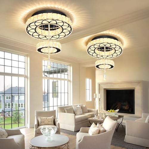 Dia 16" Black Modern Crystal Chandeliers Flush Mount Chandelier Dimmable LED Light Crystal Ceiling Light for Hallway Bedroom Living Room Dining Room (Black / W:16inches)