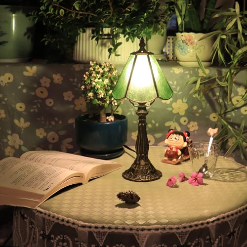 Tiffany Style Table Lamp Green Flower Stained Glass Lamp 14 Inch (Green Plum Blossom)