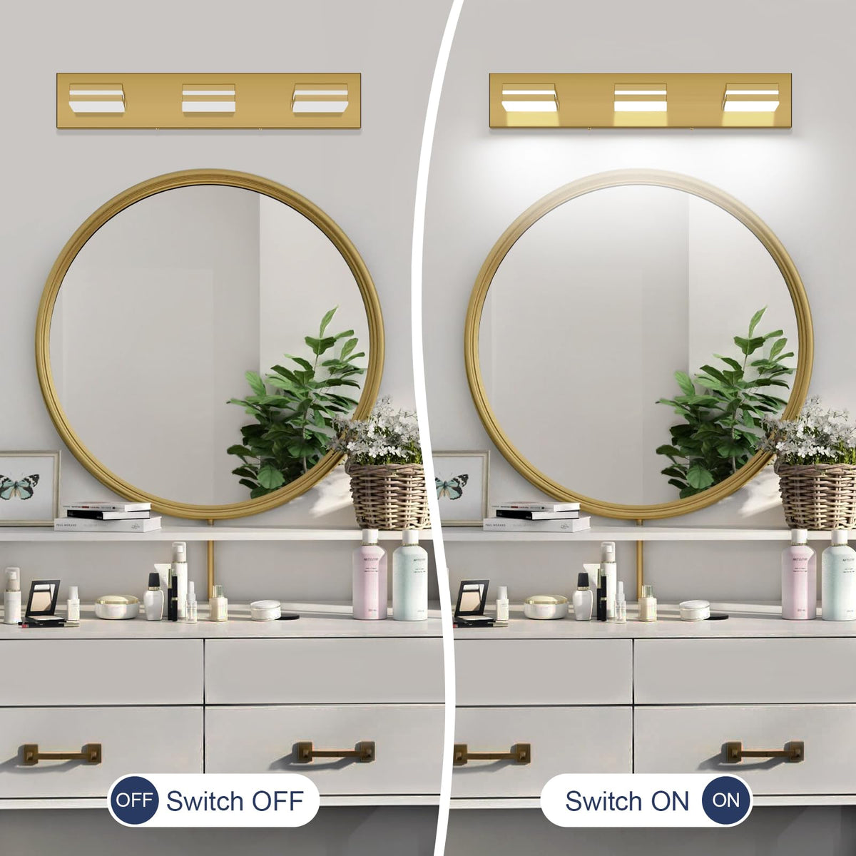 LED Modern Bathroom Vanity Light Fixtures (3-Light, 24-Inch / Brass, 100%-0% White)
