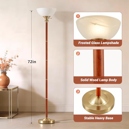 72" Wood Torchiere Floor Lamp with Glass Shade Gold Standing Lamp (Gold)
