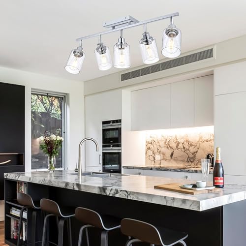 5 Light Chrome Track Light Fixture Ceiling Track Lighting Kit with Seeded Glass Track Lighting Heads Ceiling Vanity Light (Chrome / 5-Light)