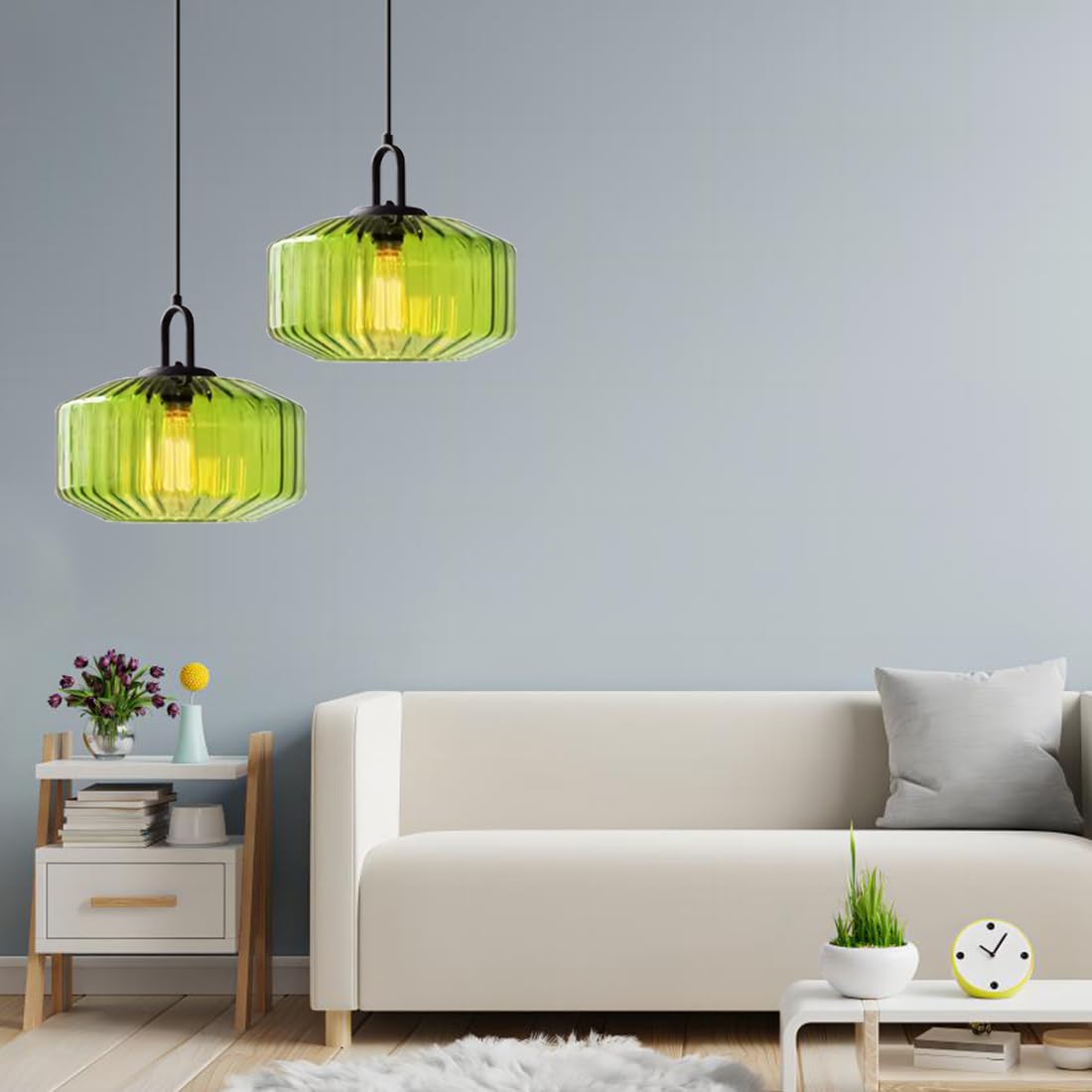 Green Glass Pendant Light Fixture Large Hand Blown Globe Shade (Green-2)