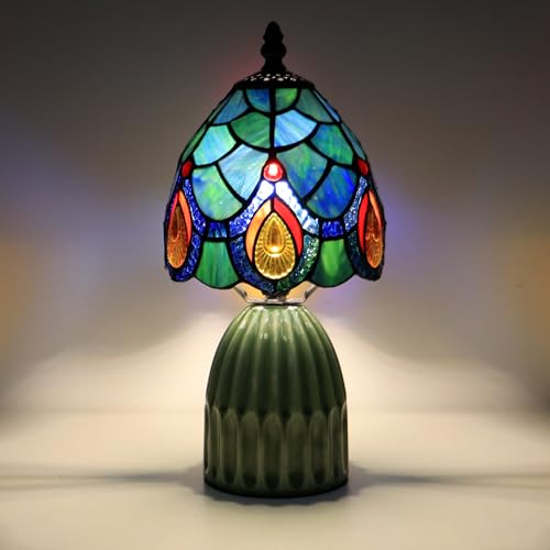 Small Tiffany Mushroom Table Lamp Stained Glass Desk Lamps Ceramic Base Antique Accent Light 6X6X12.5 Inch