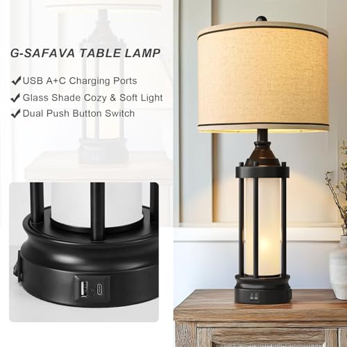 25'' Table Lamps for Bedroom Living Room Lamps Set of 2 Farmhouse Nightstand Bedside Lamps with USB Ports (Black & Beige)