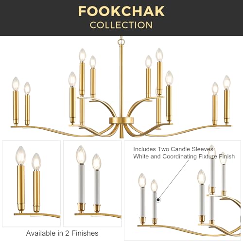 12 Light Gold Living Room Chandelier High Ceiling Foyer Candle Chandelier Large Modern Brass 44in Metal Chandeliers Hanging Light for Master Bedroom Dining Room Light Fixture Over Table (Gold / 44 inch)