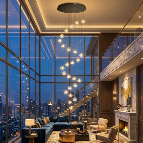 157 Inches Long Chandelier Bubble Crystal Balls Glam Chandeliers Dimmable Light High Ceiling Pendants Light Adjustable Large Size Lighting Fixtures Black (Black / 25 lights)