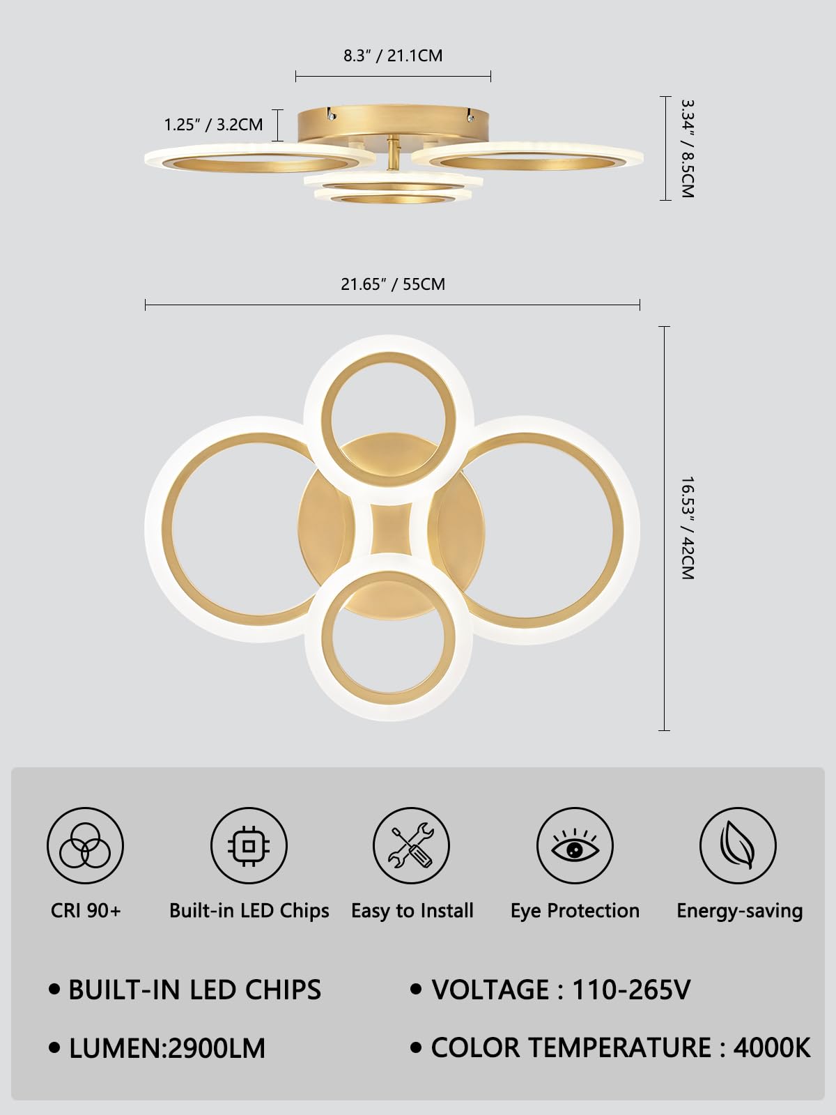 Modern LED Ceiling Light (4-Light / Gold)