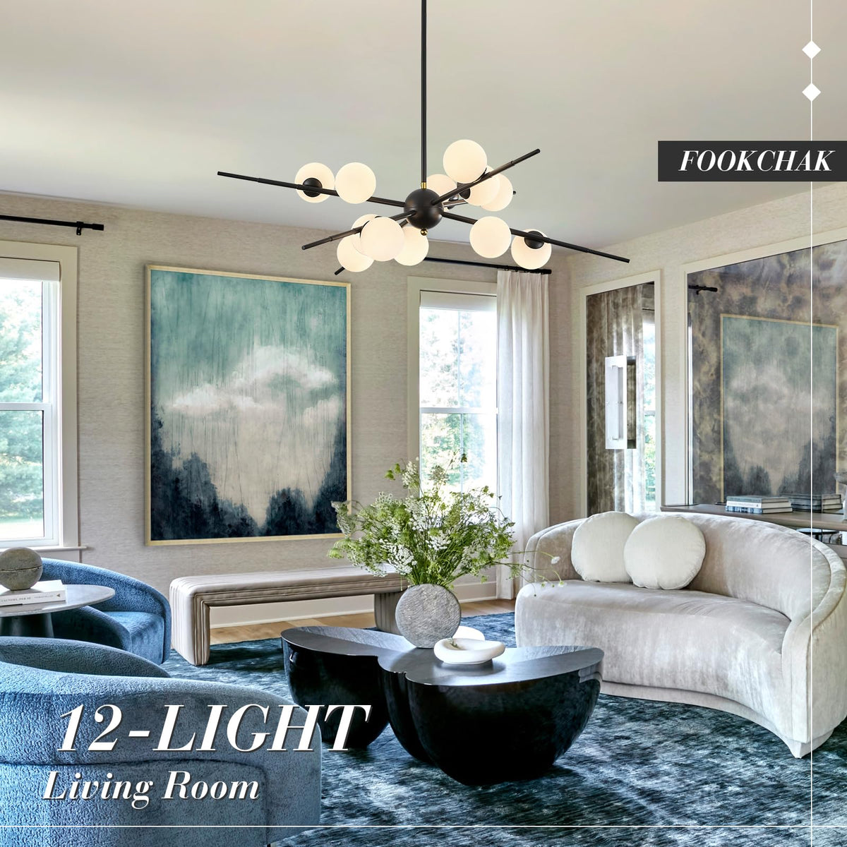 Large Black Sputnik Ceiling Light Fixture 39in 12 Light Frost Glass (Black & White / 39 inch)