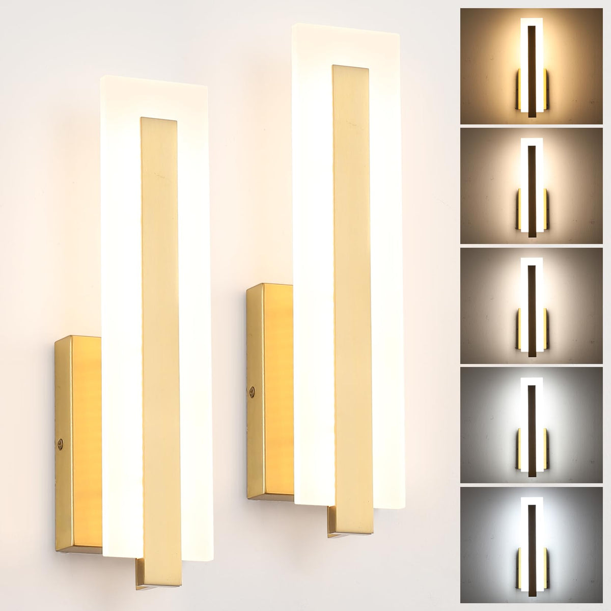 Hardwired Gold Dimmable Modern LED Wall Sconce 2 Packs 3000K 3500K 4000K 5000K 6000K Indoor Wall Lights Up and Down Wall Mount Light for Living Room Bedroom Hallway Corridor (Gold)