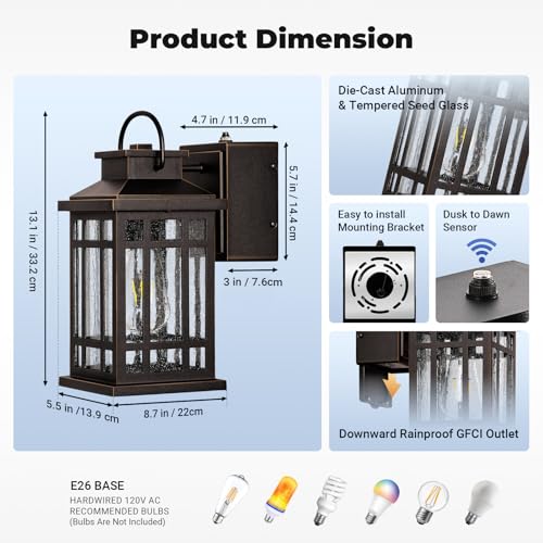 Dusk to Dawn Porch Lights with GFCI Outlet (ORB(Gold Trim) / D2D 2-Pack)