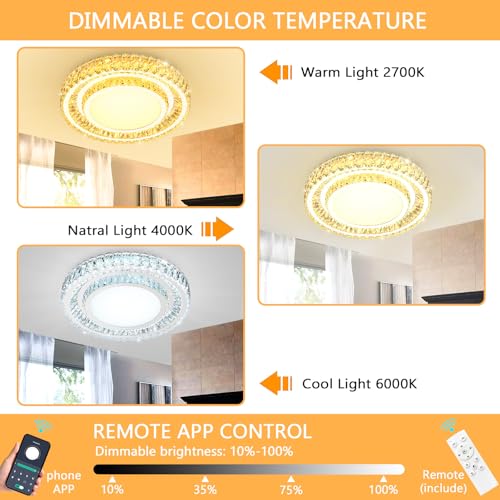 23.6" Dimmable Crystal Chandelier Modern LED Flush Mount Ceiling Light Fixtures for Living Room Bedroom Hallway Kitchen Island Staircase Silver (23.6" Silver)