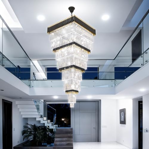 W32in x H94.5in Large Black Gold Crystal Chandelier (D32"XH94.5" Black)