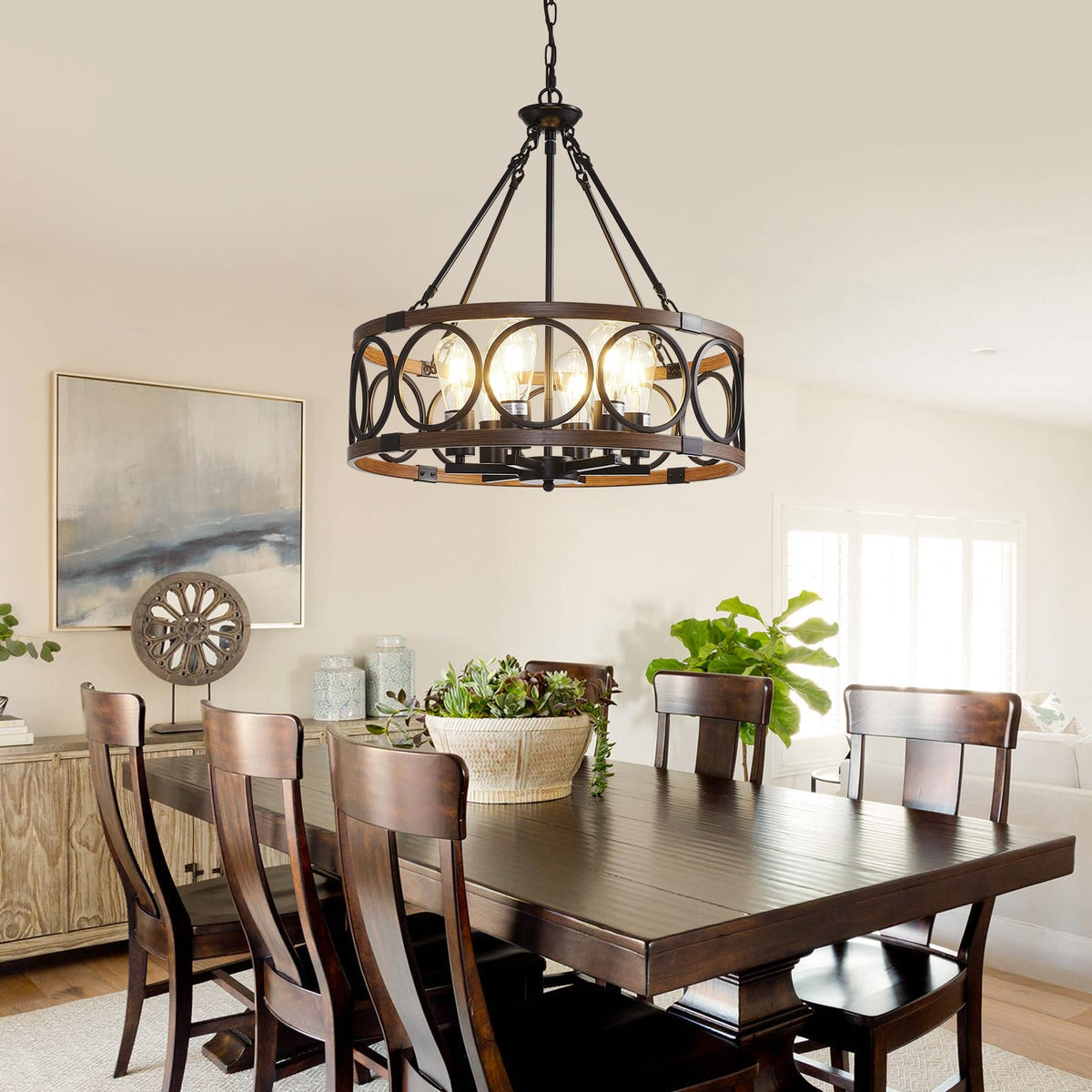 21" Dining Room Light Fixture (Black & Wood Grain-21"(Easy To Install) / 6-Light)