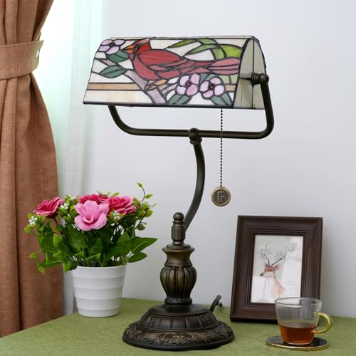 Northern Cardinal Bird Tiffany Bankers Desk Lamp Stained Glass Table Lamp Vintage Bedroom Bedside Office Study Pull Chain Reading Desk Light Gift Nightstand Aesthetic Antique Desklamp (Northern Cardinal Bird)