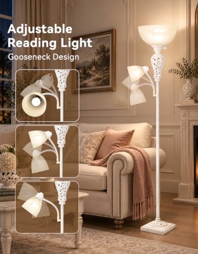 Torchiere Floor Lamp with Adjustable Reading Light for Living Room Corner (Washed White)