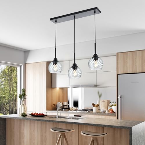 3 Light Linear Island Lights with Striped Swirl Globe Glass (Transparent / 3-Light-Straight Bar)