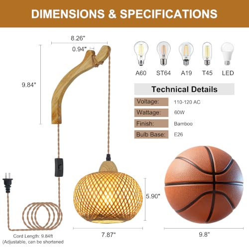 Frideko Bamboo Wall Sconces Set of Two Plug in (Orange(2PC))