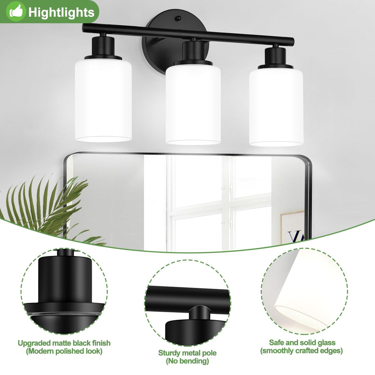 3 Light Bathroom Light Fixtures (Matte Black & Milky White Glass / 3-light)