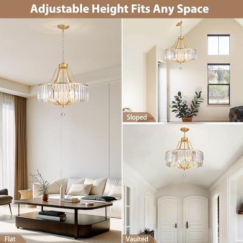6 Light Crystal Gold Chandeliers for Dining Room 22 Inch Modern Farmhouse Chandelier Large Pendant Lighting Fixture Round Hanging Lamp for Living Room Kitchen Island Hallway Bedroom Foyer Hall (168-Gold)