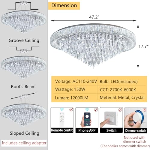 47" Modern Chandeliers LED Dimmable Crystal Flush Mount Ceiling Chandeliers for Living Room High Ceiling Entrance Foyer Lobby Bedroom Silver (Silver / 47.2" Width)