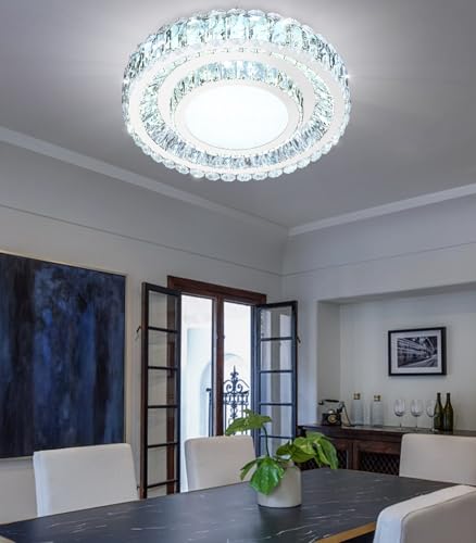 19.6" Dimmable Crystal Chandelier Modern LED Flush Mount Ceiling Light Fixtures for Living Room Bedroom Hallway Kitchen Island Staircase Silver (19.6" Silver)