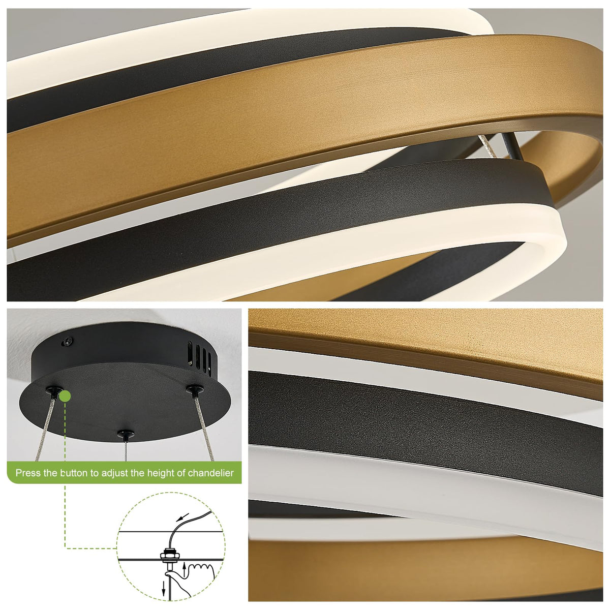 2 Rings Modern LED Chandelier Black Gold with Remote (Black Gold / 2 Rings 24 inches Up&Down)