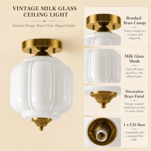 9.8" Vintage Ceiling Light with Milk White Ribbed Glass Lampshade (Gold / 9.8in)